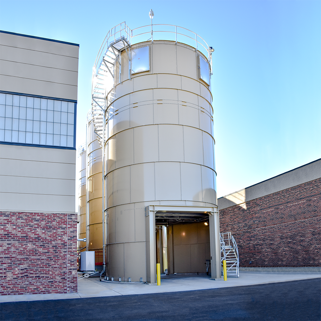 Three silos can store 840 cubic yards of product for up to 65 days.